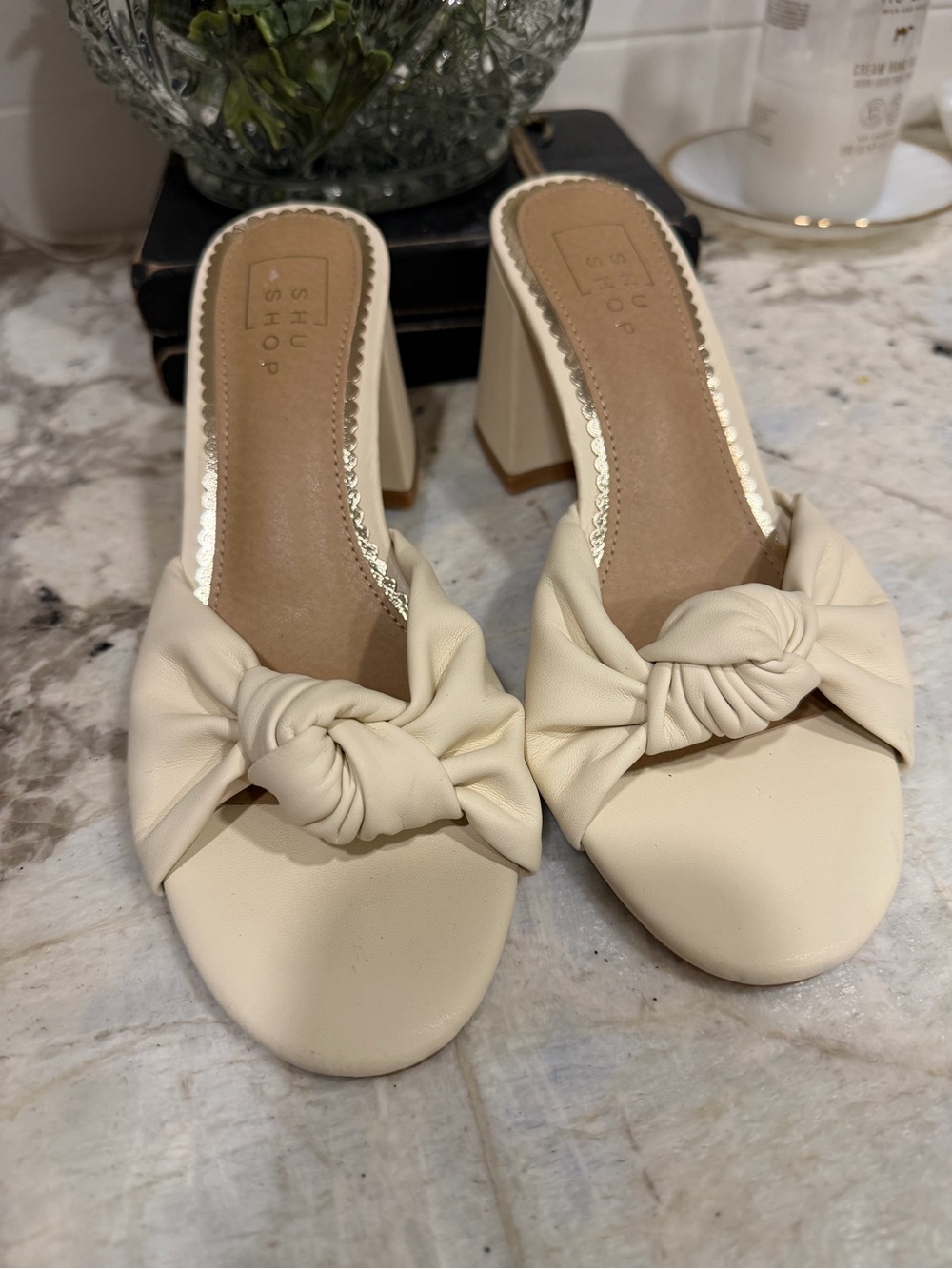 ShuShop Cream Knot-Front Block Heel Mules